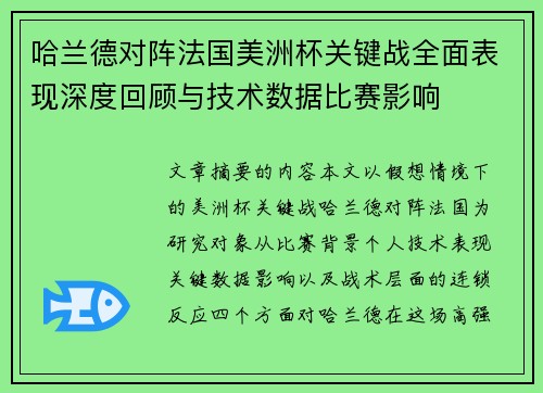 哈兰德对阵法国美洲杯关键战全面表现深度回顾与技术数据比赛影响